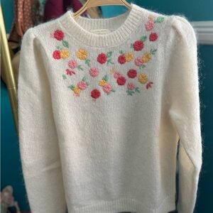 Sézane Floral Embroidered White Sweater